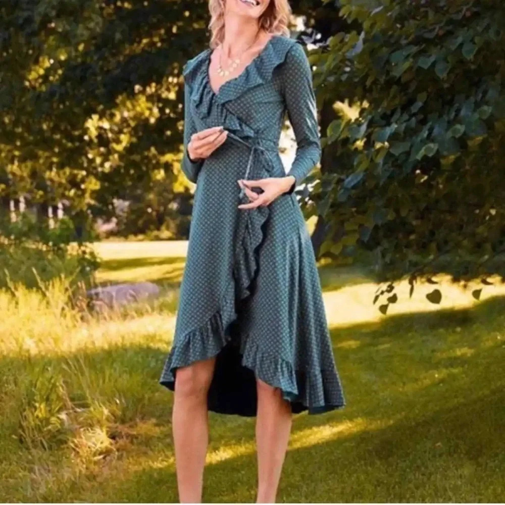 Matilda Jane Teal Ruffle V-Neck Long Sleeve Midi Wrap Dress Sz Small GUC